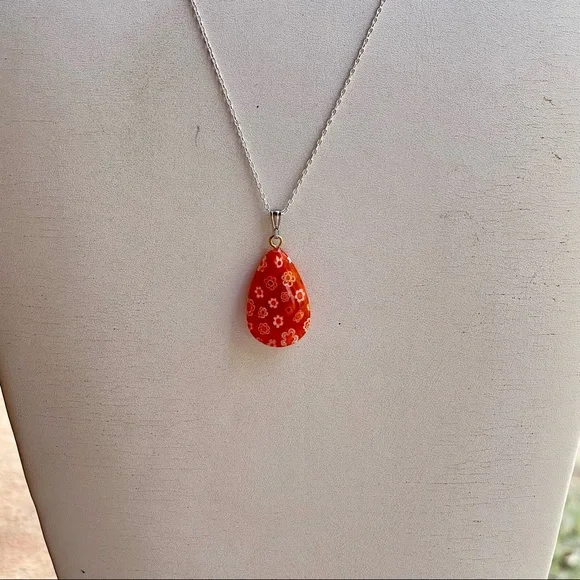 Orange & white Murano glass millefiori teardrop charm 925 sterling silver chain - Picture 4 of 7